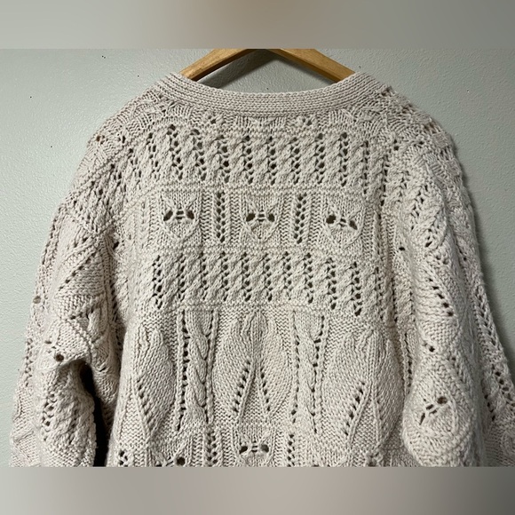 3D Cable Knit Fisherman Chamonix Cardigan Sweater Women L Cream Wool Heavy Cozy - Picture 2 of 8